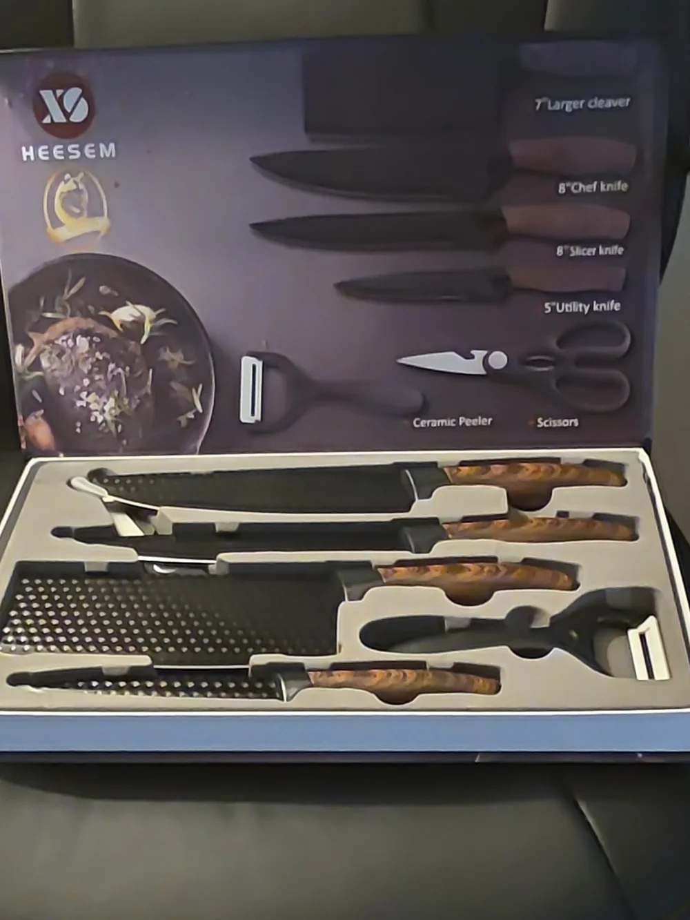 NWT Heesem 6-Pc Black Hammered Kitchen Knife Set Chef Cleaver Slicer